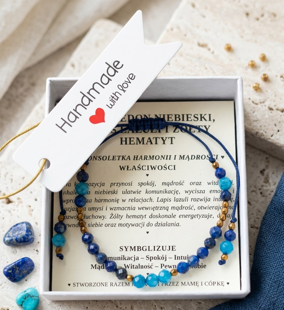 Chalcedon Niebieski, Lapis Lazuli i Żółty Hematyt – Bransoletka na Sznurku