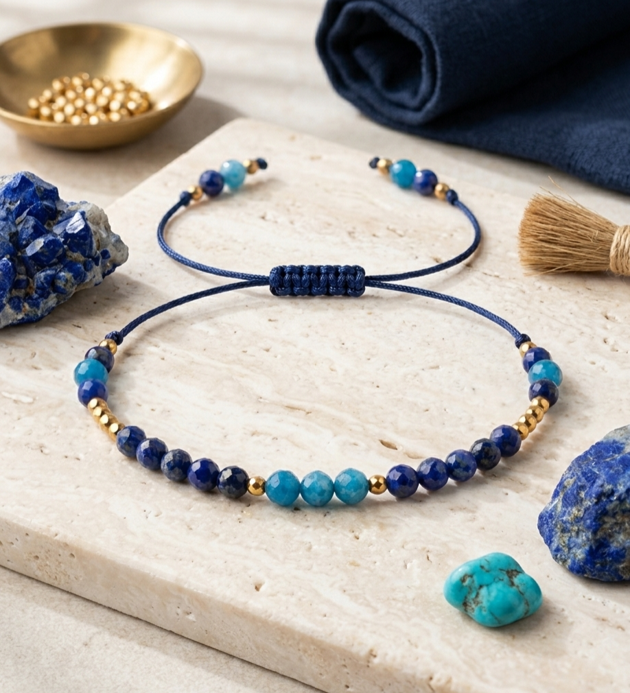 Chalcedon Niebieski, Lapis Lazuli i Żółty Hematyt – Bransoletka na Sznurku
