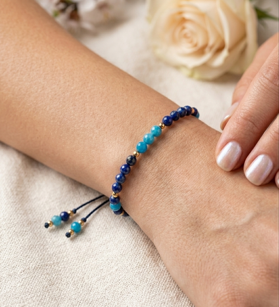 Chalcedon Niebieski, Lapis Lazuli i Żółty Hematyt – Bransoletka na Sznurku