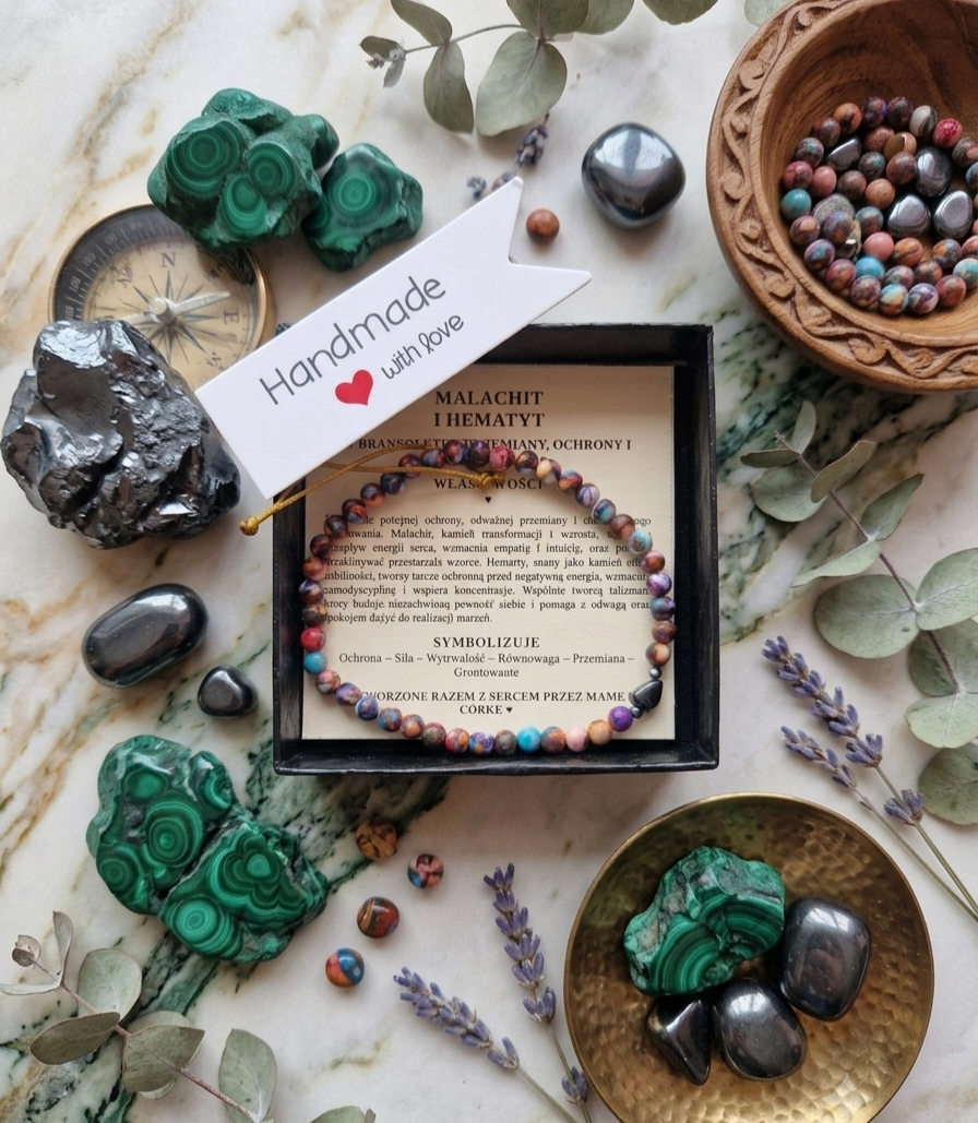 Bransoletka Howlit i Hematyt w czarnym pudełku prezentowym Handmade with love
